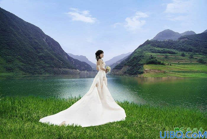 Photoshop婚纱照调色教程：给湖库边自拍的清纯女生婚片调出唯美的阳光色