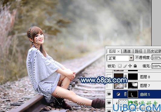 Photoshop美女后期调色教程：给铁路上的清纯女孩照片调出唯美的中性黄褐