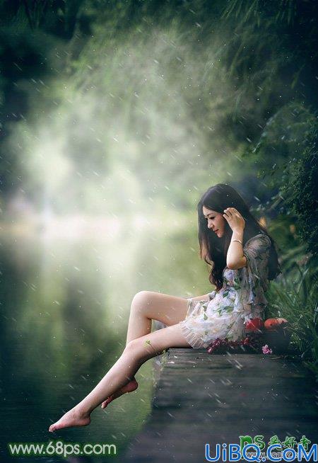 Photoshop美女后期调色：给漂亮的美腿女生生活照调出唯美的古典暗绿色效