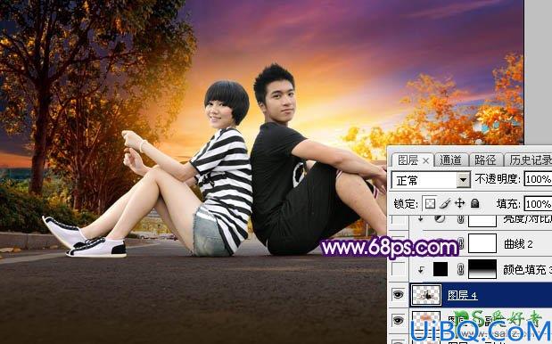 Photoshop调色教程：给一对清新浪漫的情侣街景照片调出漂亮的晨曦色
