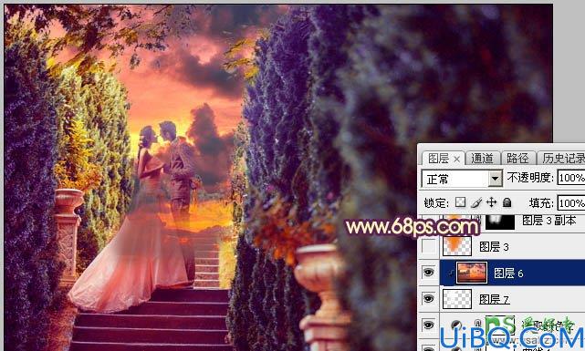 Photoshop婚片调色教程：给唯美的情侣婚片外景照调出黄调华丽的霞光色