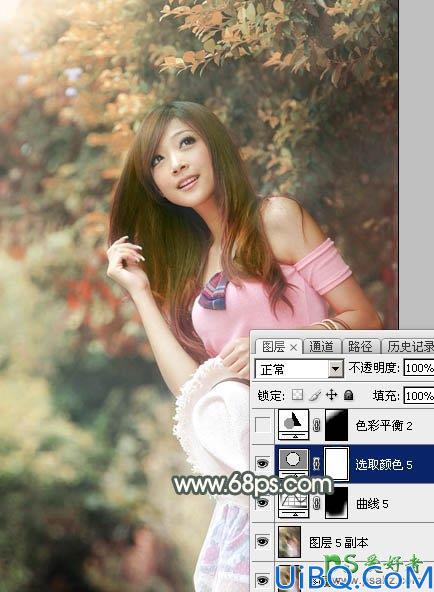 PhotoShop给绿色树林中自拍的女生照片调出唯美的秋季红褐色