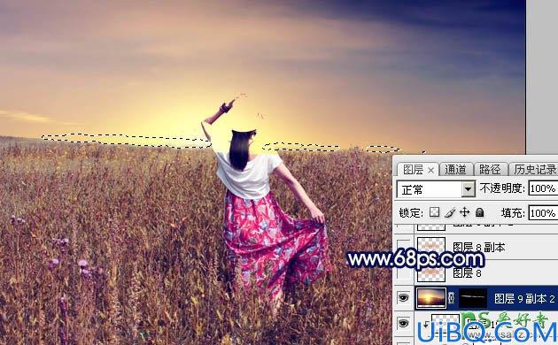 Photoshop美女照片美化教程：给田园中的唯美少女写真图片调出绚丽的紫褐