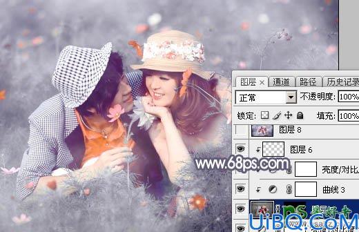 Photoshop婚片后期调色：给草丛中的唯美婚片写真图片调出梦幻的中性蓝灰