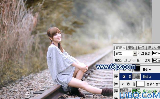 Photoshop美女后期调色教程：给铁路上的清纯女孩照片调出唯美的中性黄褐
