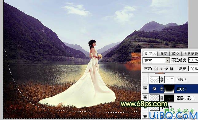 Photoshop婚纱照调色教程：给湖库边自拍的清纯女生婚片调出唯美的阳光色
