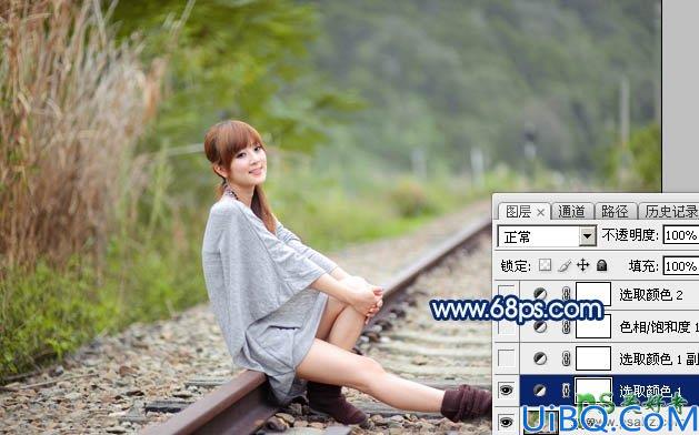 Photoshop美女后期调色教程：给铁路上的清纯女孩照片调出唯美的中性黄褐