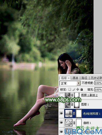 Photoshop美女后期调色：给漂亮的美腿女生生活照调出唯美的古典暗绿色效