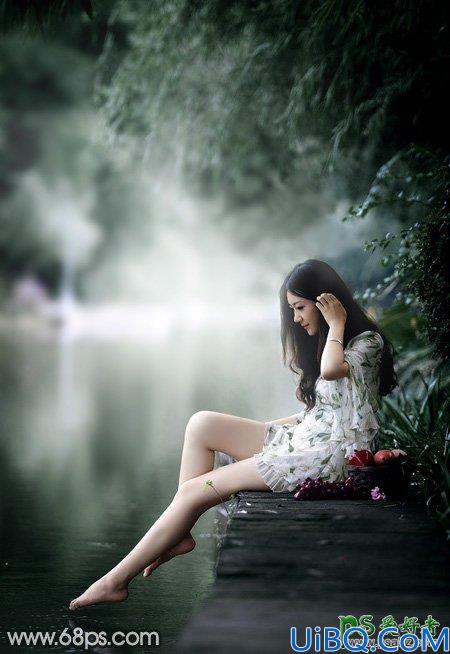 Photoshop美女图片后期调色教程：打造诗情画意般柔美少女古典暗绿色效果
