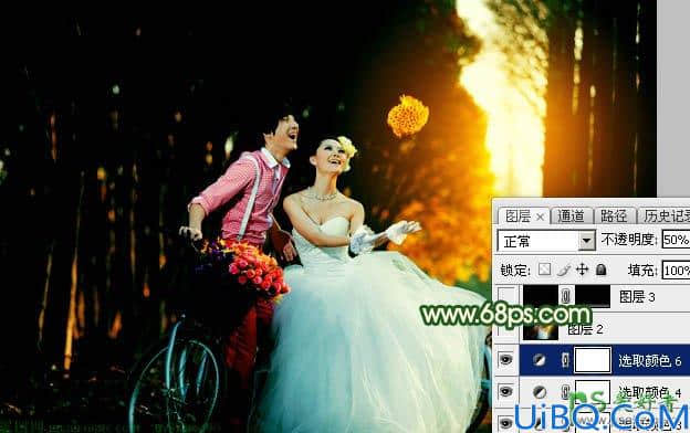 Photoshop婚片后期调色：给外景自拍的森系婚片男女照片调出漂亮的橙绿色