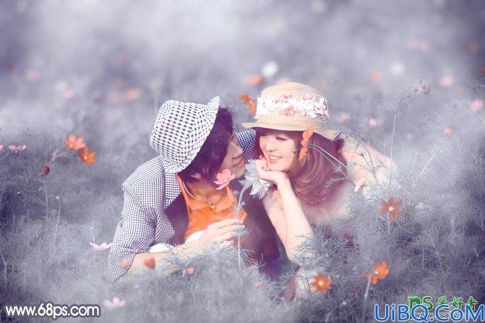 Photoshop婚片后期调色：给草丛中的唯美婚片写真图片调出梦幻的中性蓝灰