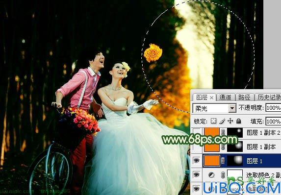 Photoshop婚片后期调色：给外景自拍的森系婚片男女照片调出漂亮的橙绿色