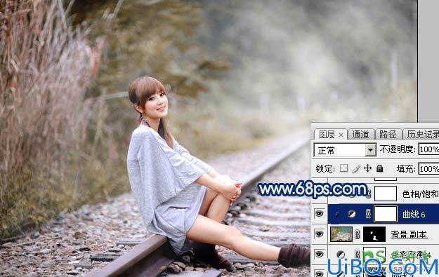 Photoshop美女后期调色教程：给铁路上的清纯女孩照片调出唯美的中性黄褐