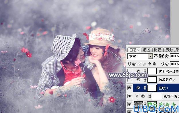 Photoshop婚片后期调色：给草丛中的唯美婚片写真图片调出梦幻的中性蓝灰