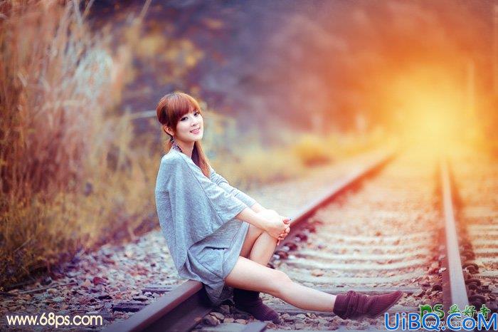 Photoshop美女照片调色实例：给铁轨上自拍的外景mm照片调出甜美的晨曦暖