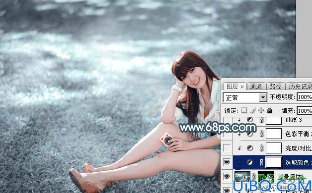 Photoshop美女调色：给绿草地上的可爱女孩儿生活照调出唯美的秋季淡蓝色