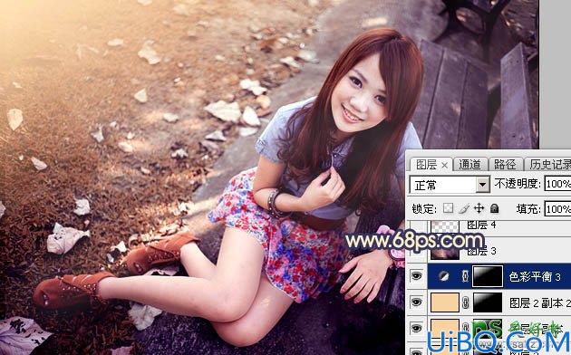 Photoshop性感女孩儿后期调色：给公园里的美腿女孩儿调出偏冷的红褐色