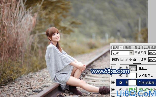 Photoshop美女后期调色教程：给铁路上的清纯女孩照片调出唯美的中性黄褐