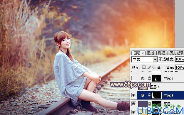 Photoshop美女照片调色实例：给铁轨上自拍的外景mm照片调出甜美的晨曦暖