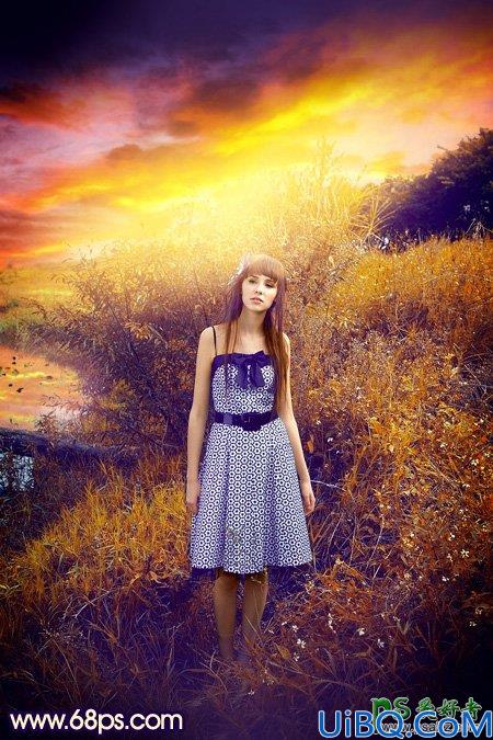 Photoshop给荒野中自拍的性感欧美美女唯美照片调出温暖的霞光色