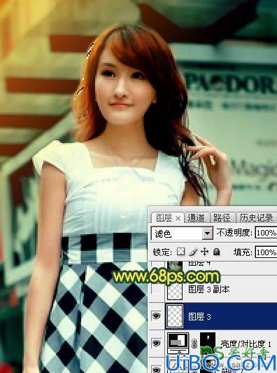 Photoshop给街景上自拍的可爱女孩儿生活照调出温暖的阳光青色调