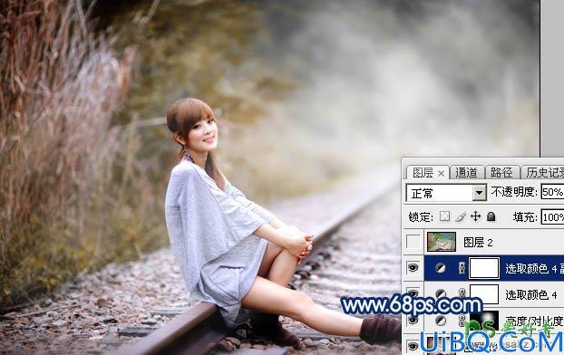 Photoshop美女后期调色教程：给铁路上的清纯女孩照片调出唯美的中性黄褐