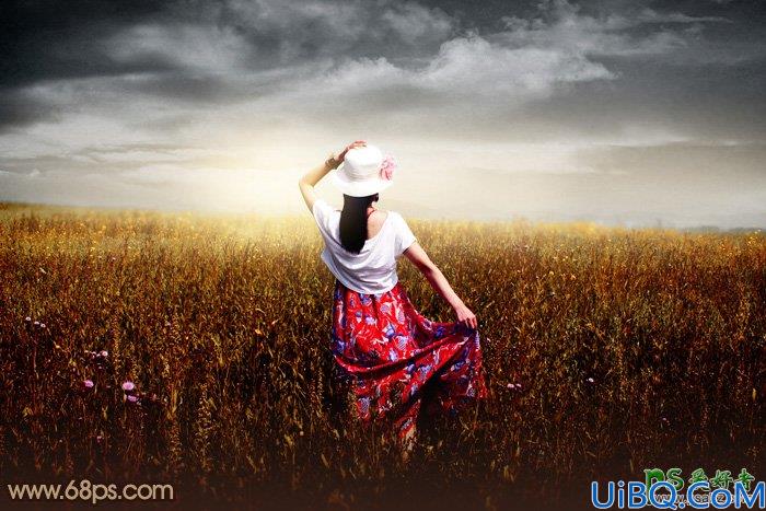 Photoshop给偏灰的美女外景艺术摄影图片调出秋季黄褐色效果
