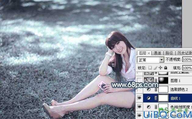 Photoshop美女调色：给绿草地上的可爱女孩儿生活照调出唯美的秋季淡蓝色