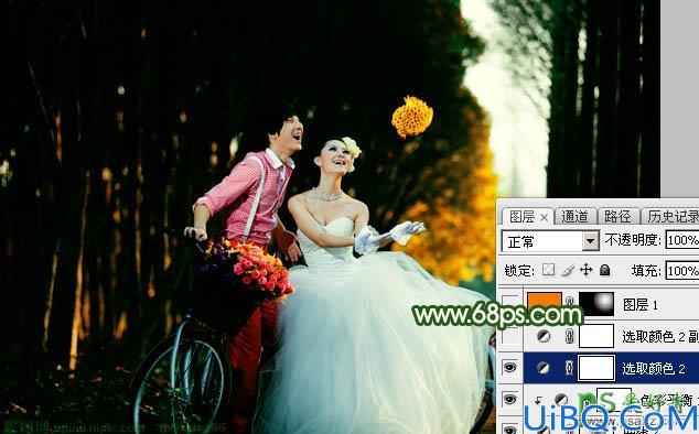 Photoshop婚片后期调色：给外景自拍的森系婚片男女照片调出漂亮的橙绿色