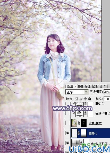 photoshop给春日花景中的青春少女艺术照调出梦幻的粉紫色