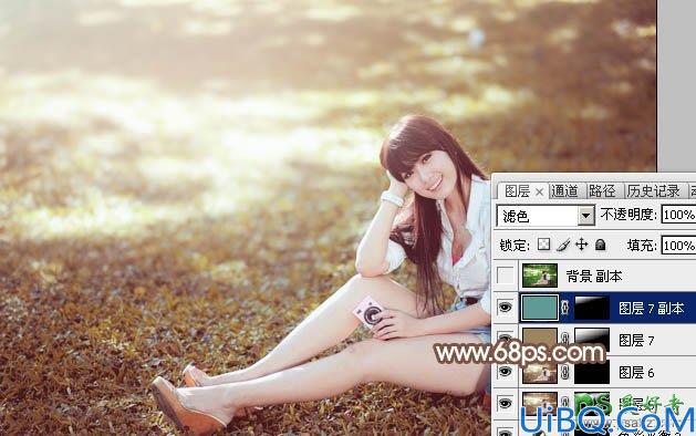 Photoshop给草地上自拍的唯美少女写真照调出阳光淡褐色效果