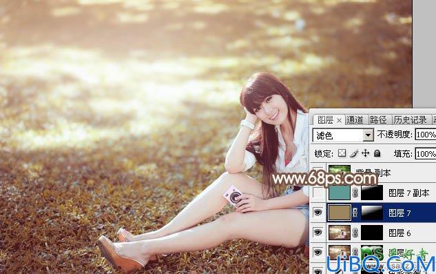 Photoshop给草地上自拍的唯美少女写真照调出阳光淡褐色效果