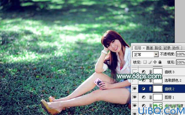 photoshop给草地上自拍的mm高清图片 艺术照片调出唯美的青色效果