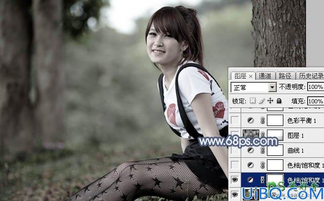 Photoshop给可爱迷人的小女人黑丝性感图片调出唯美的中性蓝色效