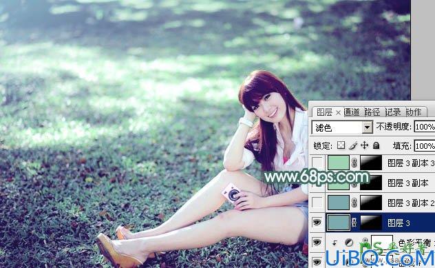 photoshop给草地上自拍的mm高清图片 艺术照片调出唯美的青色效果