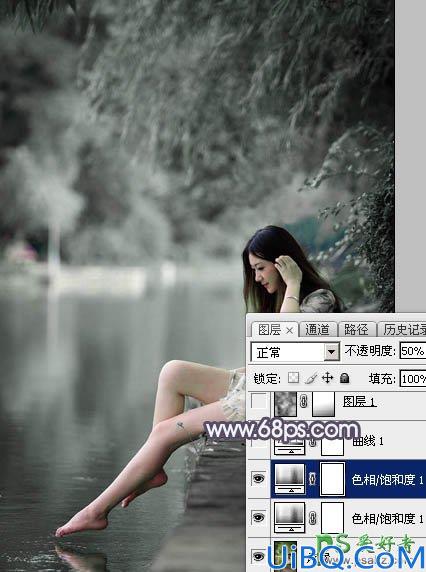 Photoshop美少女艺术照调色实例：给清纯的湖景少女图片调出高雅灰色调