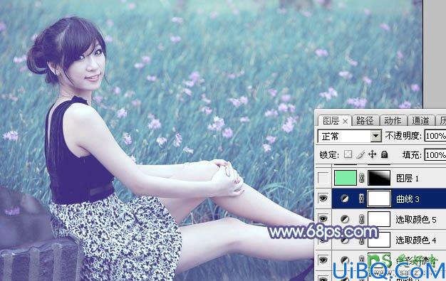 Photoshop美女图片调色教程:给草地上自拍的白领美女调出气质青蓝色