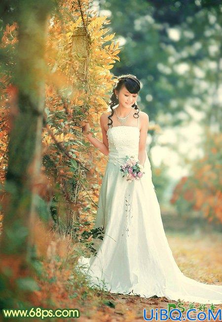 Photoshop婚纱照调色实例：给树林中的美女婚纱照调出甜美的橙黄色风格