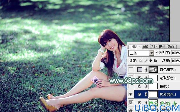 photoshop给草地上自拍的mm高清图片 艺术照片调出唯美的青色效果
