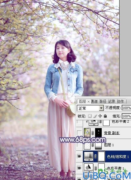 photoshop给春日花景中的青春少女艺术照调出梦幻的粉紫色