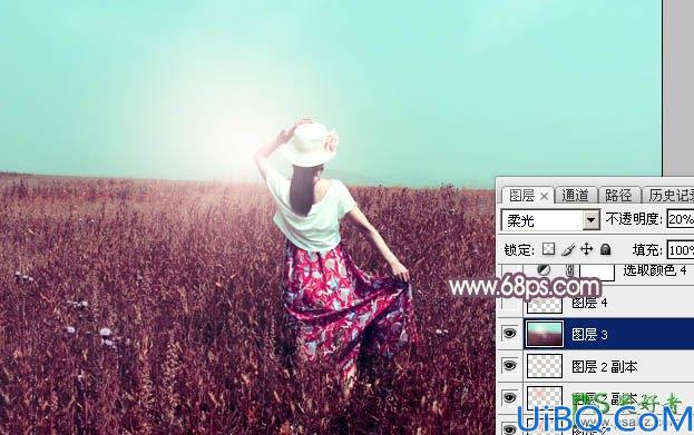 Photoshop美女照片调色实例：给芳草中的清新少女写真照调出秋景青红色