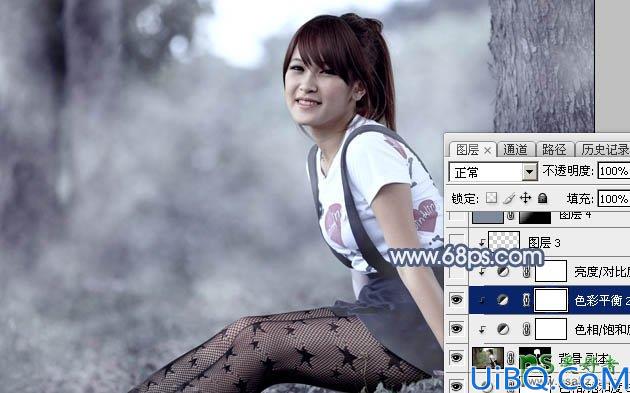 Photoshop给可爱迷人的小女人黑丝性感图片调出唯美的中性蓝色效