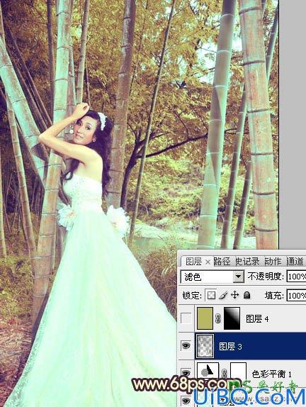 Photoshop调色教程：给竹林中的柔美少女婚纱艺术照调出暖色效果
