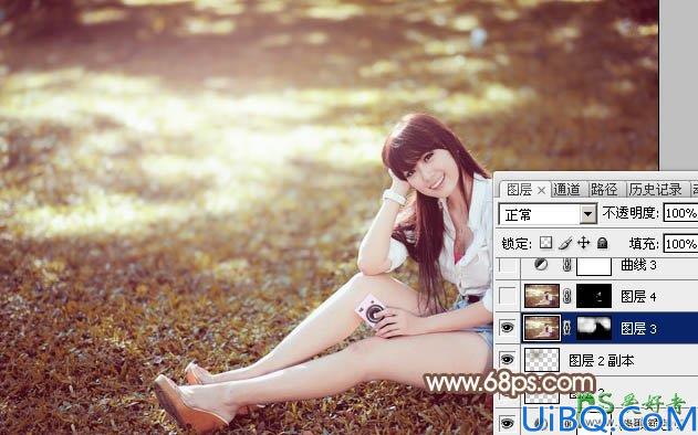 Photoshop给草地上自拍的唯美少女写真照调出阳光淡褐色效果