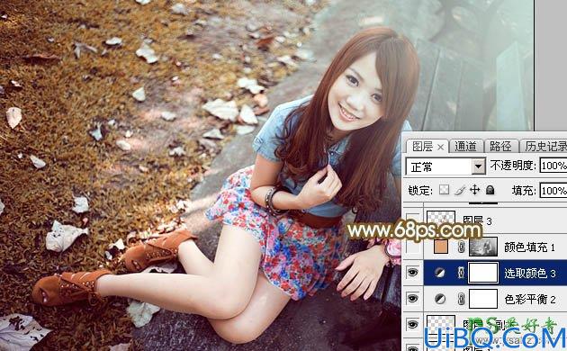 Photoshop调色教程：给洁白如玉的美腿少女公园写真照调出秋季暖褐色