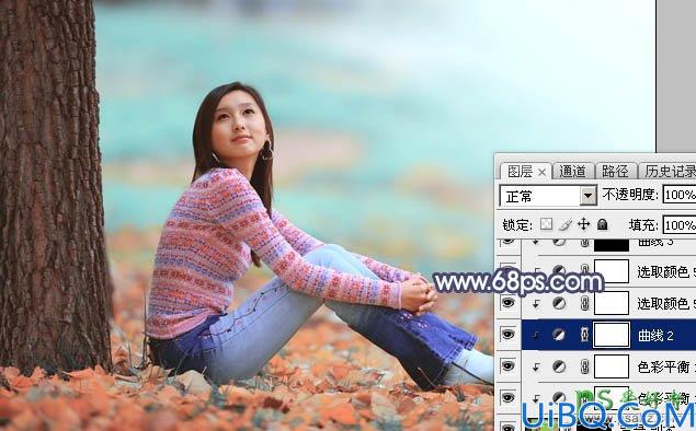 Photoshop少女图片调色美化教程：给外景甜美少女写真照调出青红色秋季色