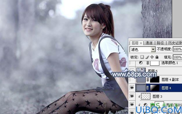 Photoshop给可爱迷人的小女人黑丝性感图片调出唯美的中性蓝色效