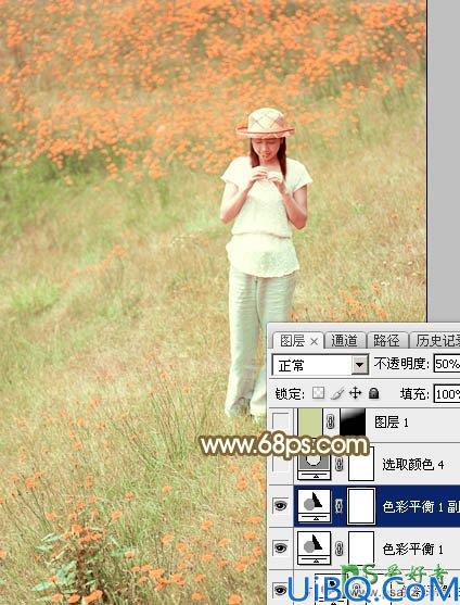 Photoshop给花草甸中的未成年少女写真照调出甜美的韩系粉红色