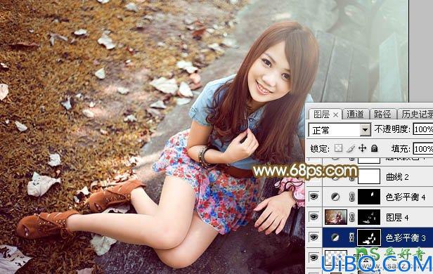 Photoshop调色教程：给洁白如玉的美腿少女公园写真照调出秋季暖褐色