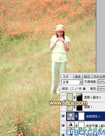 Photoshop给花草甸中的未成年少女写真照调出甜美的韩系粉红色